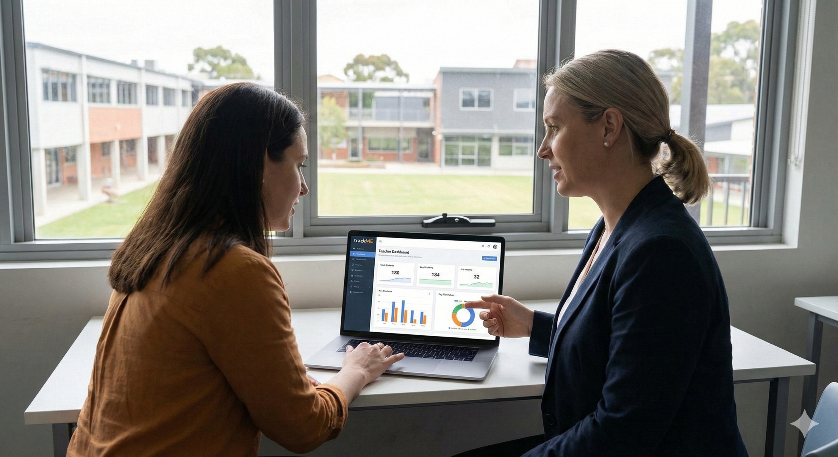 Two teachers discussing student progress in a staffroom, viewing the Teacher Dashboard on a laptop